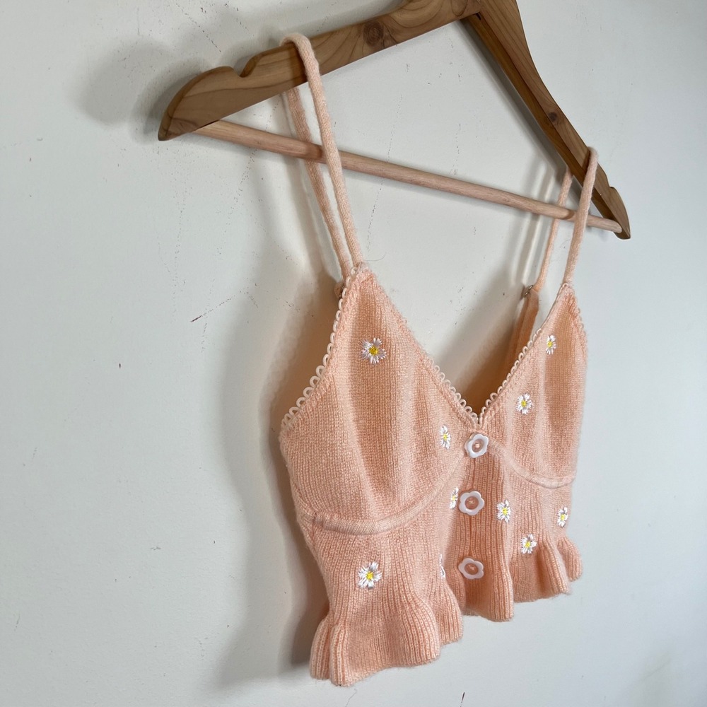 For Love And Lemons Embroidered Buds Knitted Tank Top Peach Pink Womens XS - Picture 3 of 7